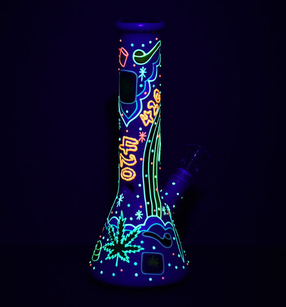 Beach Vibes 420 Painted Glass Beaker Water Pipe - 10" / 14mm F