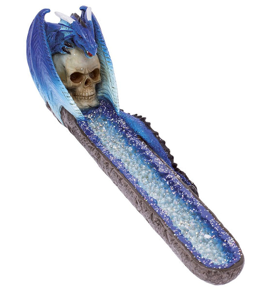 Fujima Blue Dragon on Skull Crystal  Incense Burner - 11"