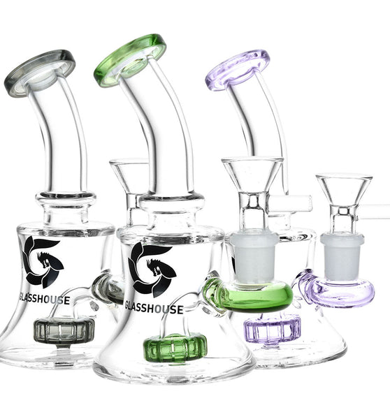 Glass House Disc Perc Glass Water Pipe - 5.5" / 14mm F / Colors Vary