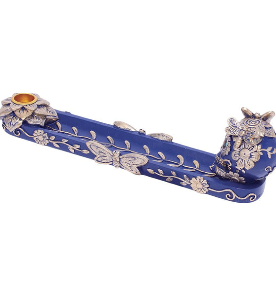 Fujima Golden Blue Skull & Butterfly Stick & Cone Incense Burner - 11"