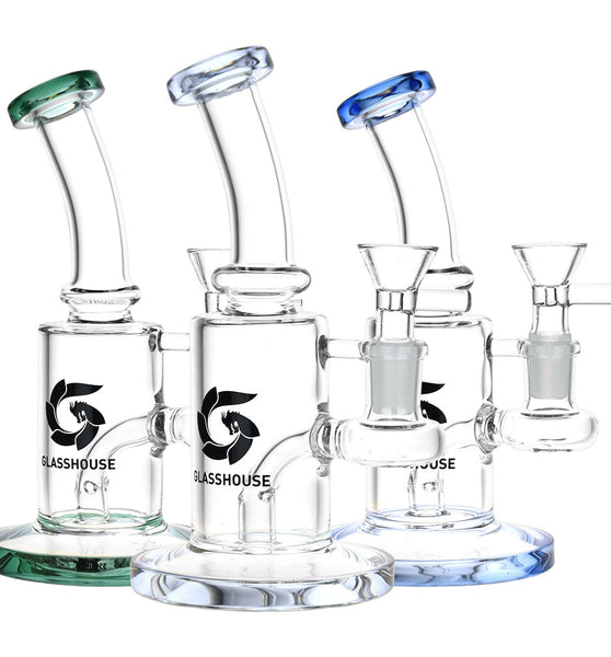 Glass House Bent Neck Glass Water Pipe - 6.75" / 14mm F / Colors Vary