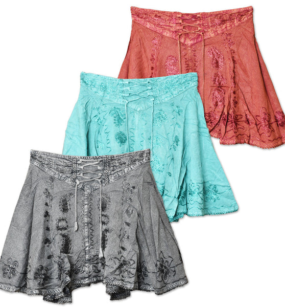 ThreadHeads Acid Wash Embroidered Lace Tie Front Skirt - One Size / Colors Vary