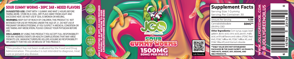 JGO CBD Sour Gummy Worms, 1500 mg, 30 ct