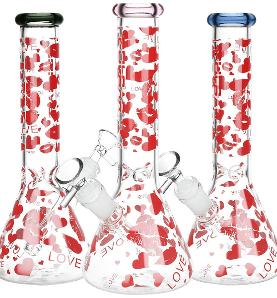 Pulsar Hearts and Kisses Glass Beaker Water Pipe - 9.75" / 14mm F / Colors Vary