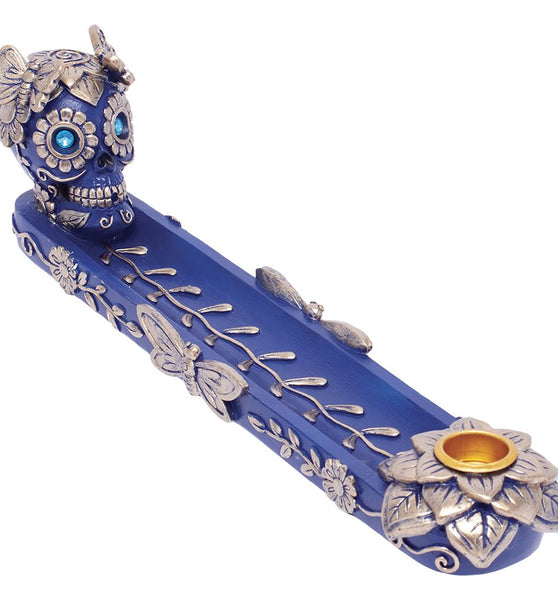 Fujima Golden Blue Skull & Butterfly Stick & Cone Incense Burner - 11"