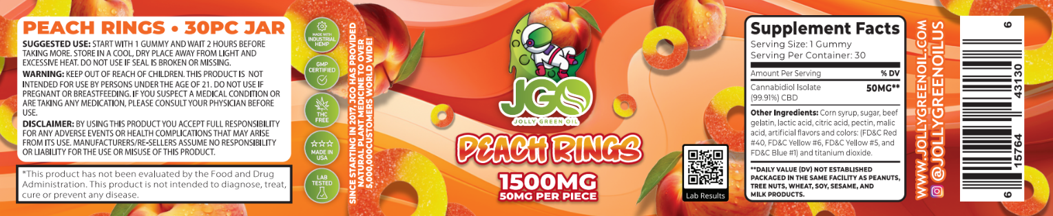 JGO CBD Peach Rings, 1500 mg, 30 ct