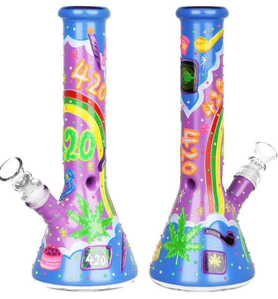 Beach Vibes 420 Painted Glass Beaker Water Pipe - 10" / 14mm F