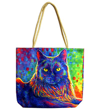 Psychedelic Rainbow Black Cat Tote Bag - Jute Rope-Handled 17"x15"