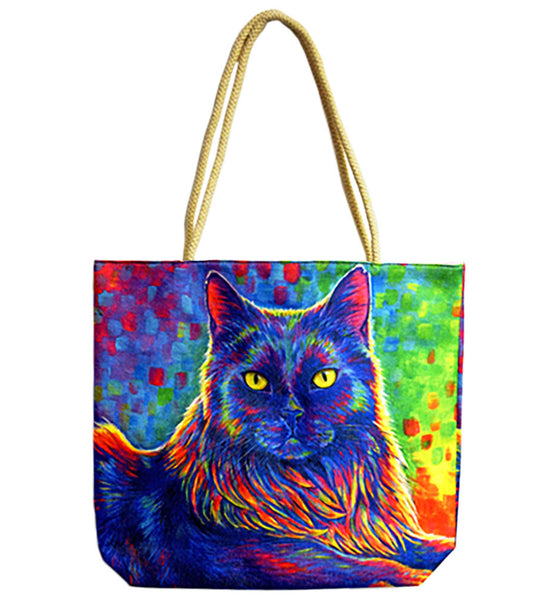 Psychedelic Rainbow Black Cat Tote Bag - Jute Rope-Handled 17"x15"