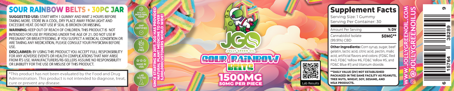 JGO CBD Sour Rainbow Belts, 1500 mg, 30 ct(THC FREE)
